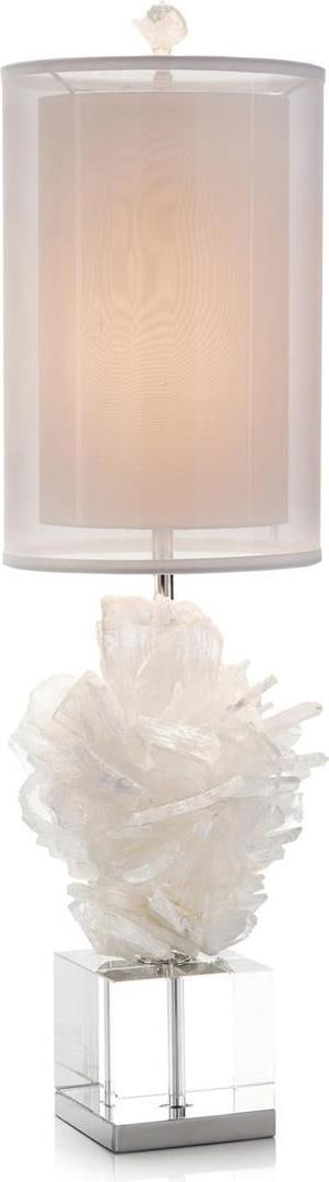 John-Richard Celene Lamp with Selenite Orb Gray Silk Organza: John-Richard Celene Lamp with Selenite Orb Gray Silk Organza Illuminate your space with the elegant Celene Lamp, featuring a stunning selenite orb. This lamp stands at a height of 32.50 inches, with a