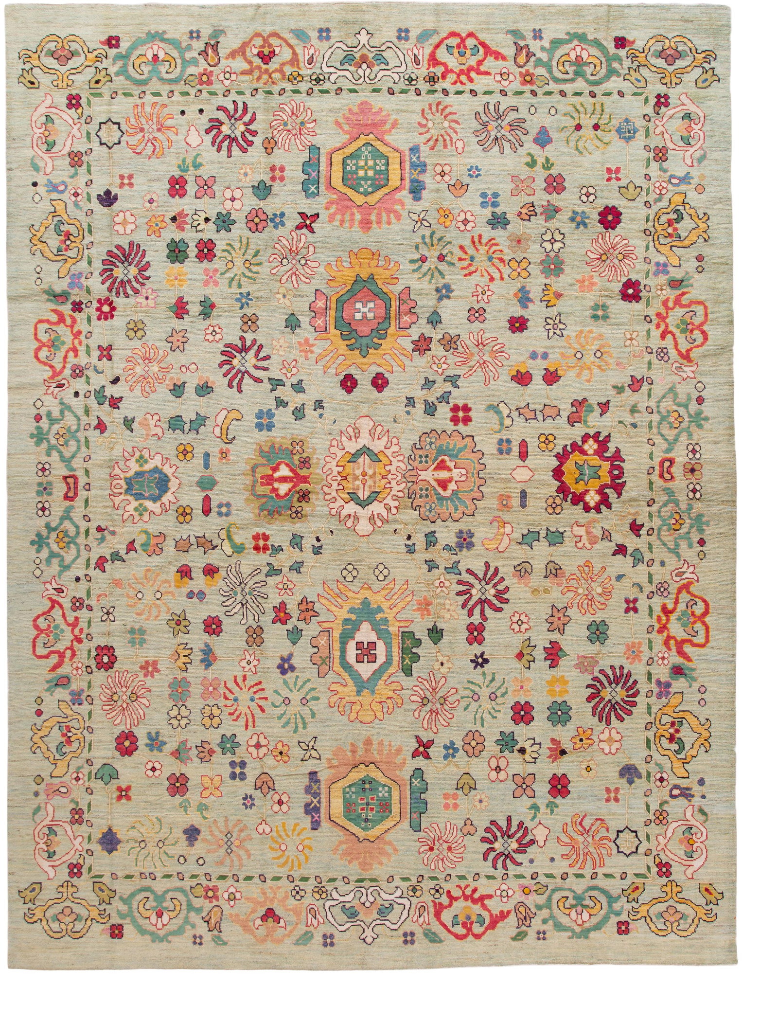 Oversize Handmade Wool Oushak Rug in Green with Floral Design: Oversize Handmade Wool Oushak Rug in Green with Floral Design Transform your space with this stunning oversize Oushak handmade wool rug. Featuring a vibrant green field adorned with multi-color accent