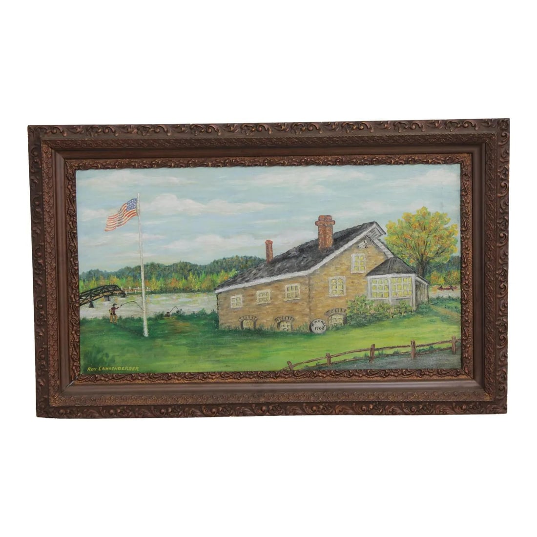 Framed Landscape Oil Painting by Roy Landenberger Signed Old Stone Mill Scene: Framed Landscape Oil Painting by Roy Landenberger Signed Old Stone Mill Scene This framed oil on canvas painting by Roy Landenberger depicts a traditional landscape scene of an old stone mill. The art