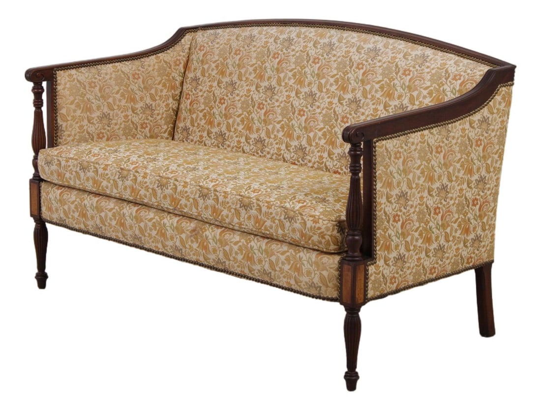 Mahogany Sheraton Style Loveseat with Carved Details and Floral Upholstery (1 of 10)