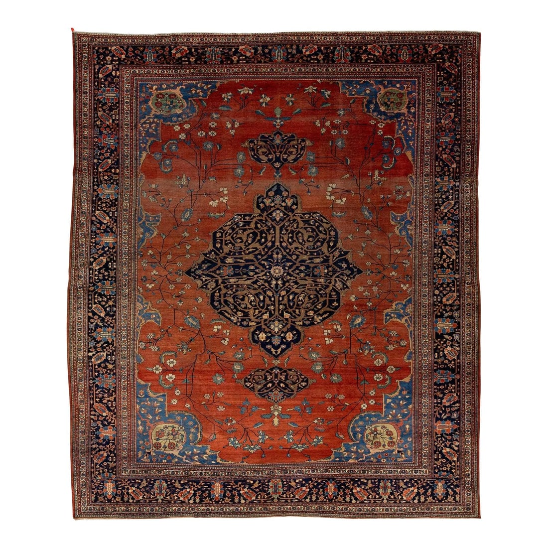 1880s Handmade Persian Farahan Wool Rug Red-Rust Medallion Design 11'1 x 13'1: 1880s Handmade Persian Farahan Wool Rug Red-Rust Medallion Design 11'1 x 13'1 This exquisite antique Persian Farahan rug, handcrafted from high-quality wool, dates back to the 1880s. Its striking red-