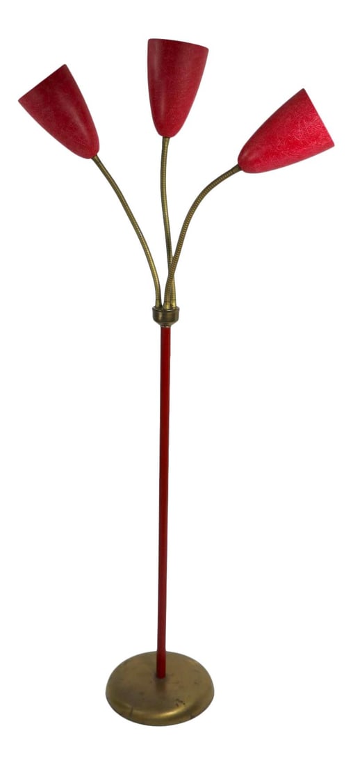Rare Mid Century Modern Red Gooseneck Floor Lamp with Fiberglass Shades: Rare Mid Century Modern Red Gooseneck Floor Lamp with Fiberglass Shades Illuminate your space with this stunning Mid Century Modern gooseneck floor lamp, featuring vibrant red fiberglass cone shades. 