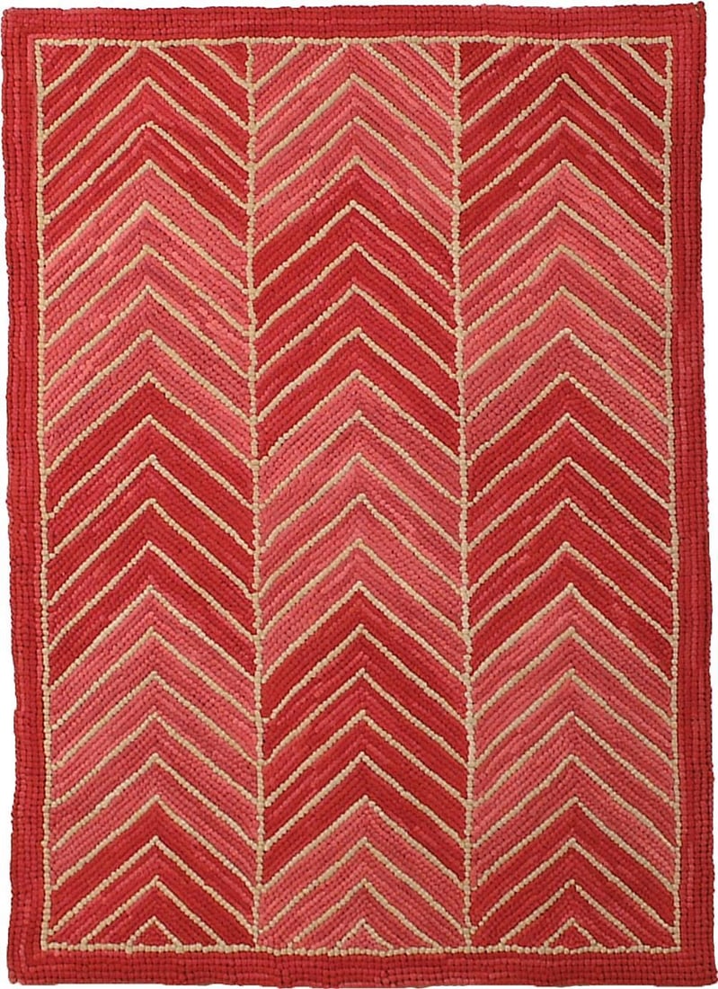 Chevron Red 2x8 Hooked Burlap Rug in Camp Collection: Chevron Red 2x8 Hooked Burlap Rug in Camp Collection This un-used rug from the Camp Collection features a chevron red design crafted in an antique or vintage style. Constructed from burlap using a hoo