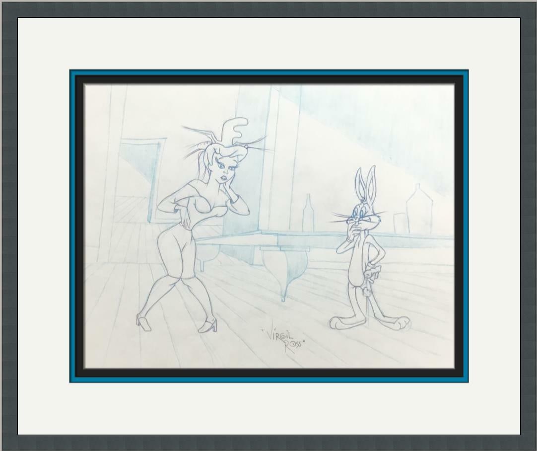 Bugs Bunny Witch Hazel Signed Concept Drawing by Virgil Ross: Bugs Bunny Witch Hazel Signed Concept Drawing by Virgil Ross This original concept production drawing features the iconic characters Bugs Bunny and Witch Hazel, illustrated by the legendary animator V