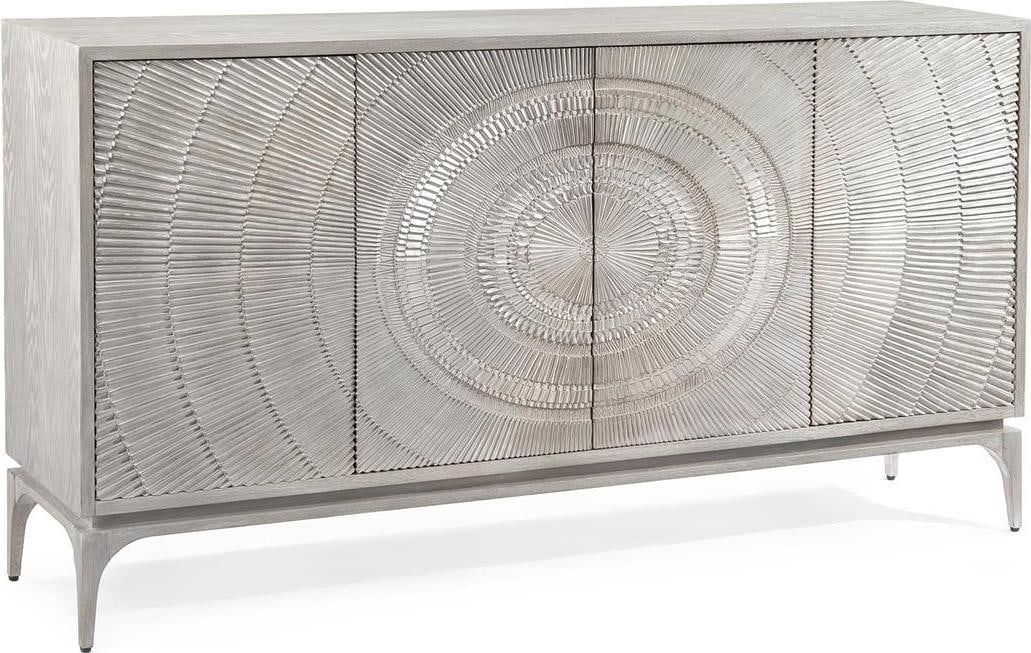 John-Richard Cosmos Oak Cabinet with Silver Doors 43H 81W 18.25D: John-Richard Cosmos Oak Cabinet with Silver Doors 43H 81W 18.25D Elevate your space with this exquisite Traditional Oak Cabinet featuring striking silver doors. This cabinet is designed in the Cosmos 