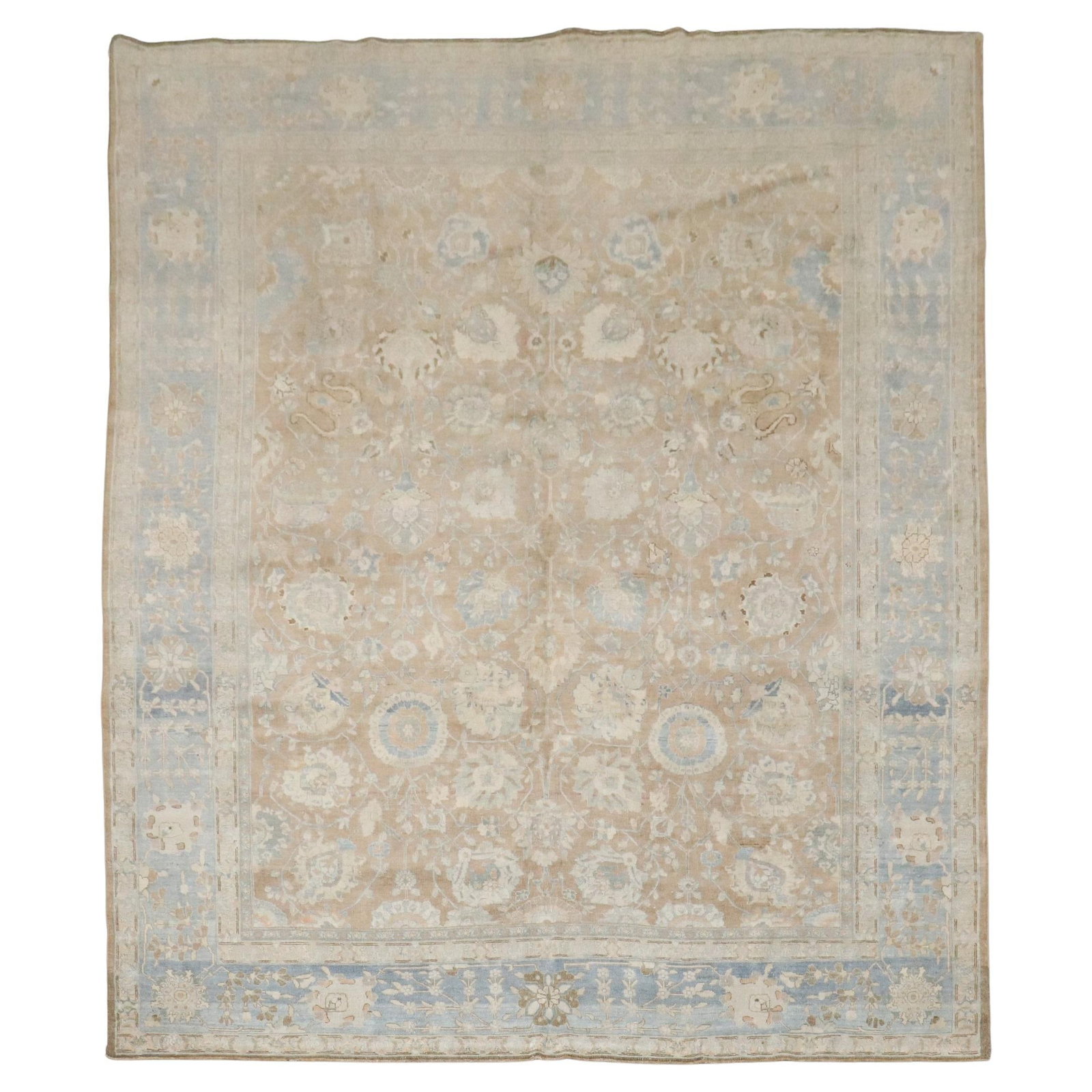 Antique Persian Tabriz Rug Soft Brown Blue Wool Hand-Woven 10' x 12'2": Antique Persian Tabriz Rug Soft Brown Blue Wool Hand-Woven 10' x 12'2" Transform your space with this exquisite antique Persian Tabriz rug, hand-woven from high-quality wool. This stunning piece featu