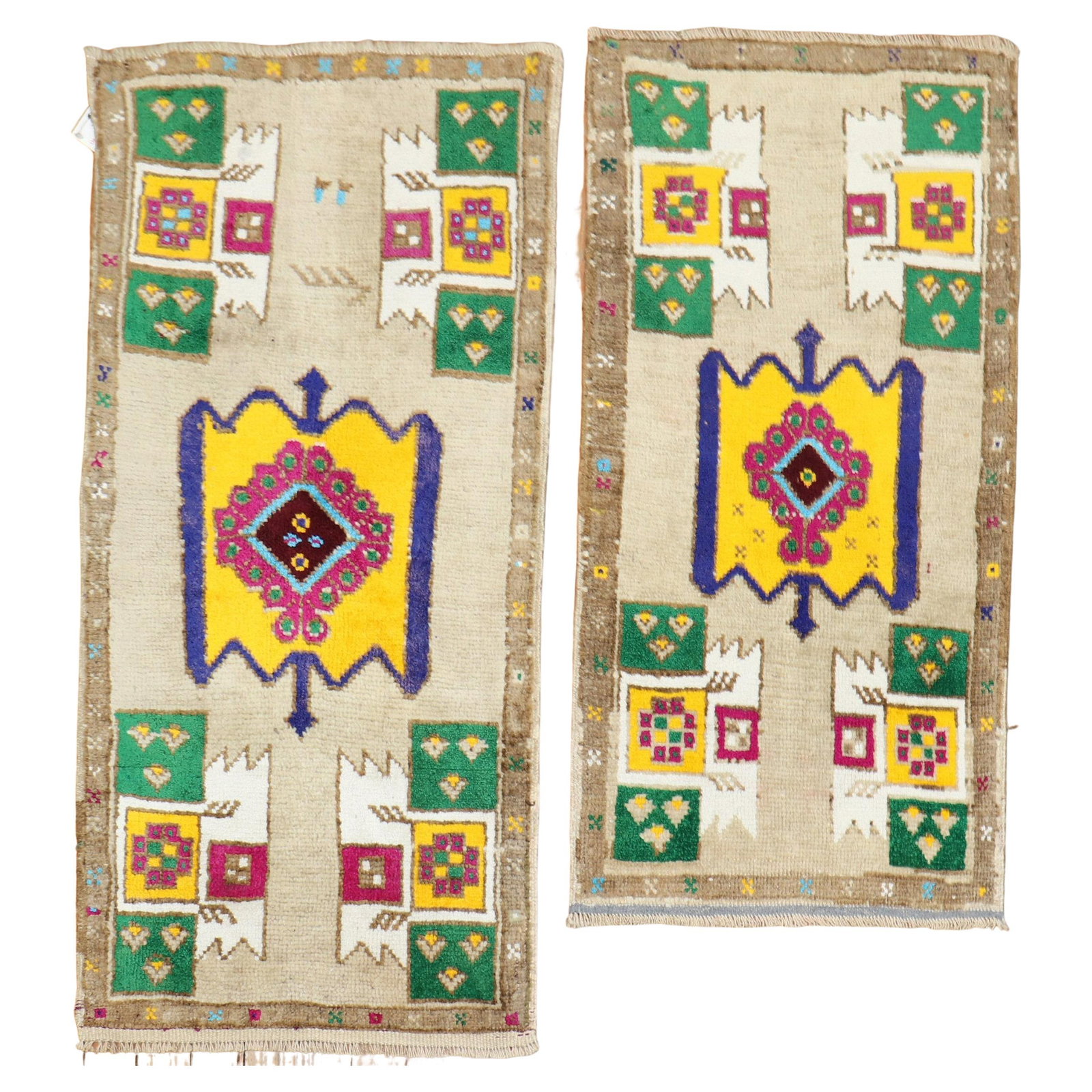 Pair of Hand-Knotted Wool Adirondack Rugs from Turkey Set of Two: Pair of Hand-Knotted Wool Adirondack Rugs from Turkey Set of Two This vibrant pair of Turkish rugs showcases a stylish Adirondack design, crafted from high-quality hand-knotted wool. Each rug offers a