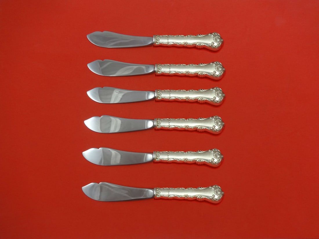 Frank Whiting Kings Court 6pc Sterling Silver Trout Knife Set: Frank Whiting Kings Court 6pc Sterling Silver Trout Knife Set Elevate your dining experience with this exquisite 6-piece trout knife set from the Kings Court pattern by Frank Whiting. Crafted from hig