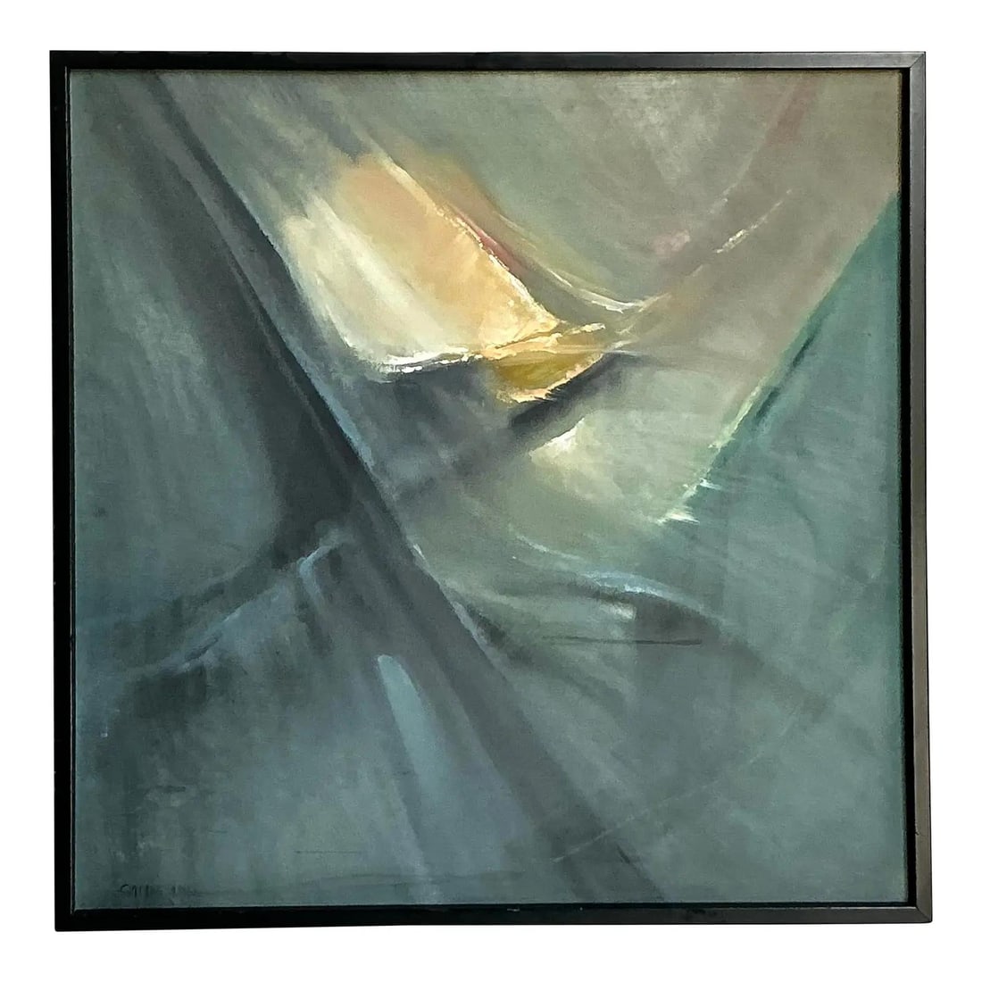 Boho Chic Abstract Oil Painting on Canvas in Black Frame 37 x 37": Boho Chic Abstract Oil Painting on Canvas in Black Frame 37 x 37" This vintage abstract oil painting captures the essence of Boho Chic with its expressive brushstrokes and harmonious palette of muted 