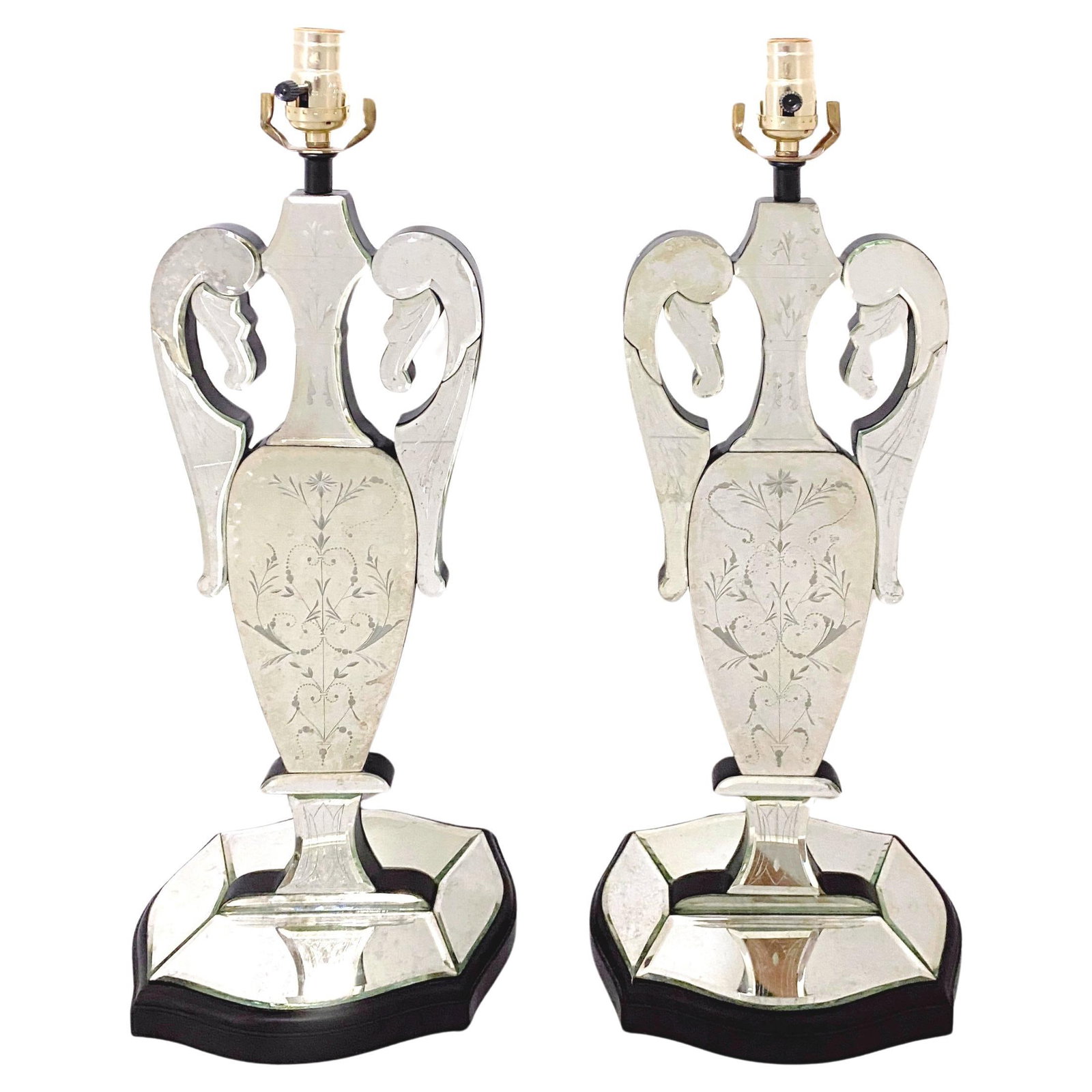 Set of 2 Venetian Style Urn Mirror Lamps Floral Engraved Italy 20th Century (1 of 10)