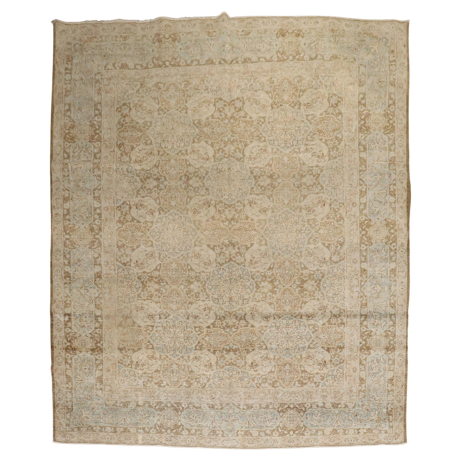 1940s Persian Wool Room Size Rug 101 x 138 Country Style: 1940s Persian Wool Room Size Rug 101 x 138 Country Style This exquisite 1940s Persian room size rug showcases a beautiful blend of warm brown, ivory, and light blue tones, making it a perfect addition