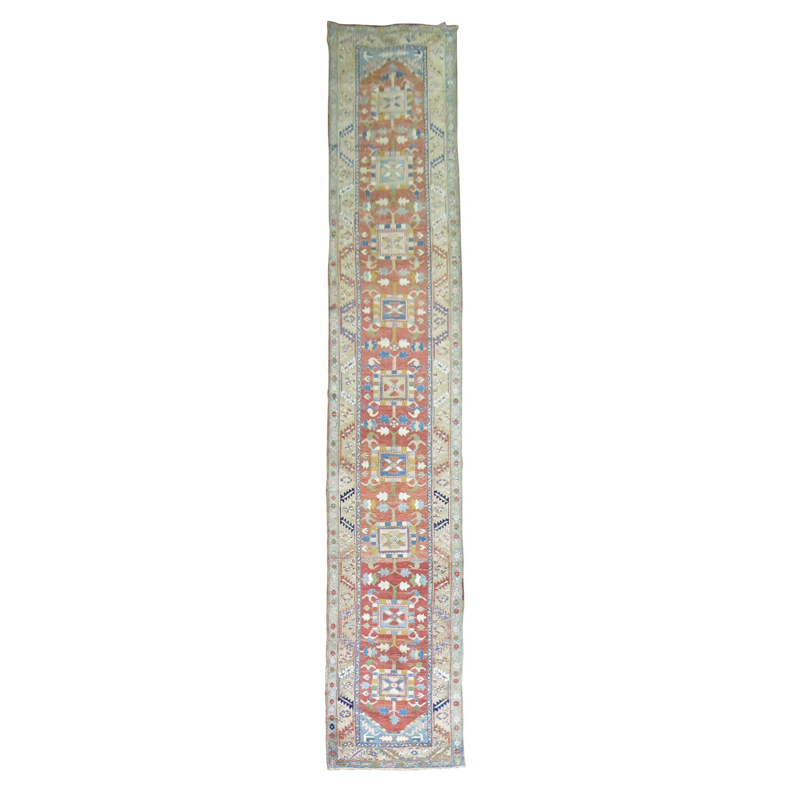 Unique Antique Persian Heriz Runner Wool Hand-Knotted Tudor Style 34 x 209 in: Unique Antique Persian Heriz Runner Wool Hand-Knotted Tudor Style 34 x 209 in This exquisite Long Antique Persian Heriz Runner features a rich history and stunning craftsmanship. Hand-knotted from woo