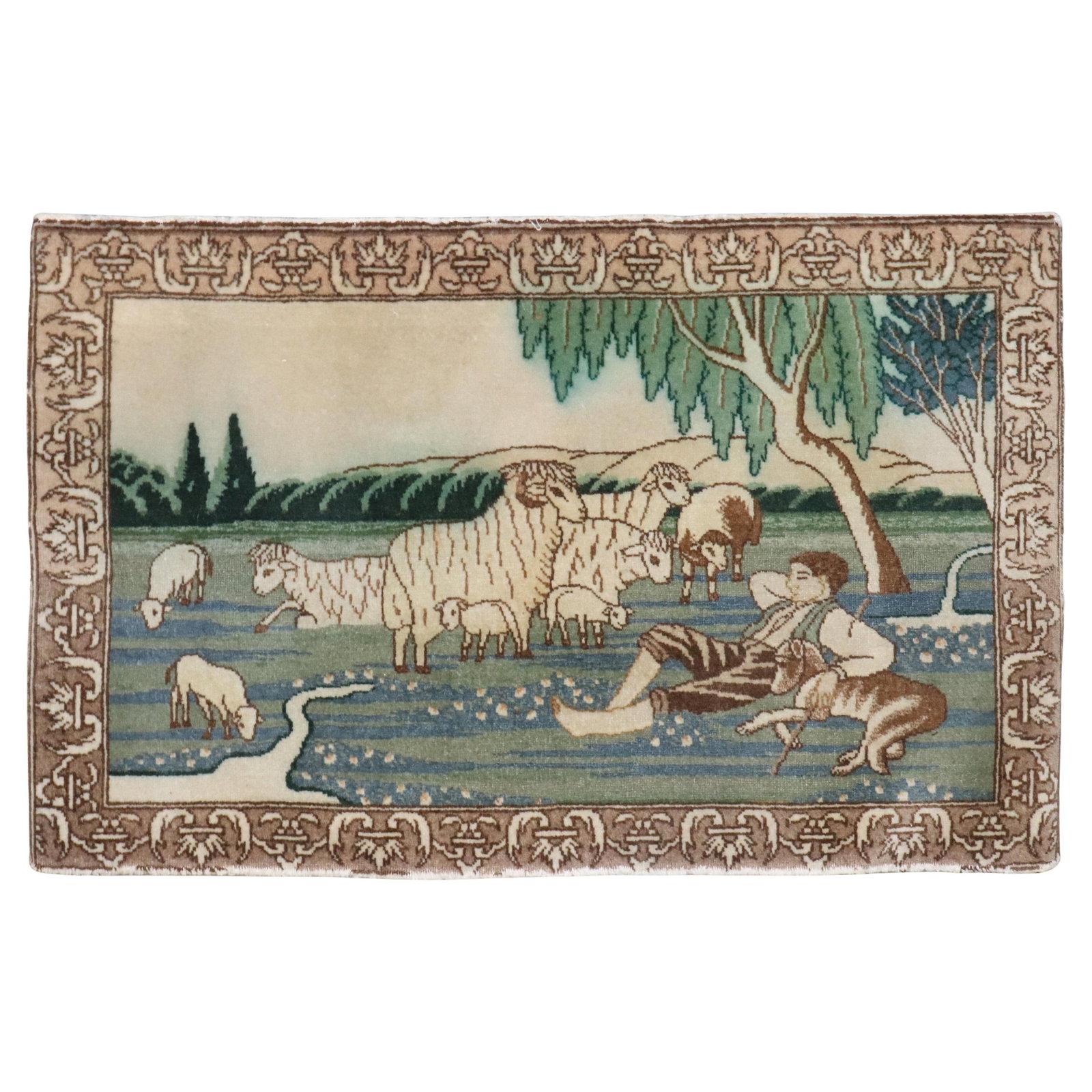 Vintage Persian Tabriz Hand-Knotted Sheep Rug 22 x 35 in: Vintage Persian Tabriz Hand-Knotted Sheep Rug 22 x 35 in Explore this exquisite vintage Persian Tabriz sheep pictorial rug, a stunning representation of folk art from the 20th century. This hand-knott