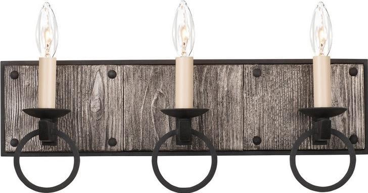 Kalco Modern Farmhouse 3-Light Bath Light Black Iron with Burnt Silver Wood: Kalco Modern Farmhouse 3-Light Bath Light Black Iron with Burnt Silver Wood Illuminate your space with the Modern Farmhouse Burnt Silver Wood Bath Light, a stylish addition designed with rustic lodge 