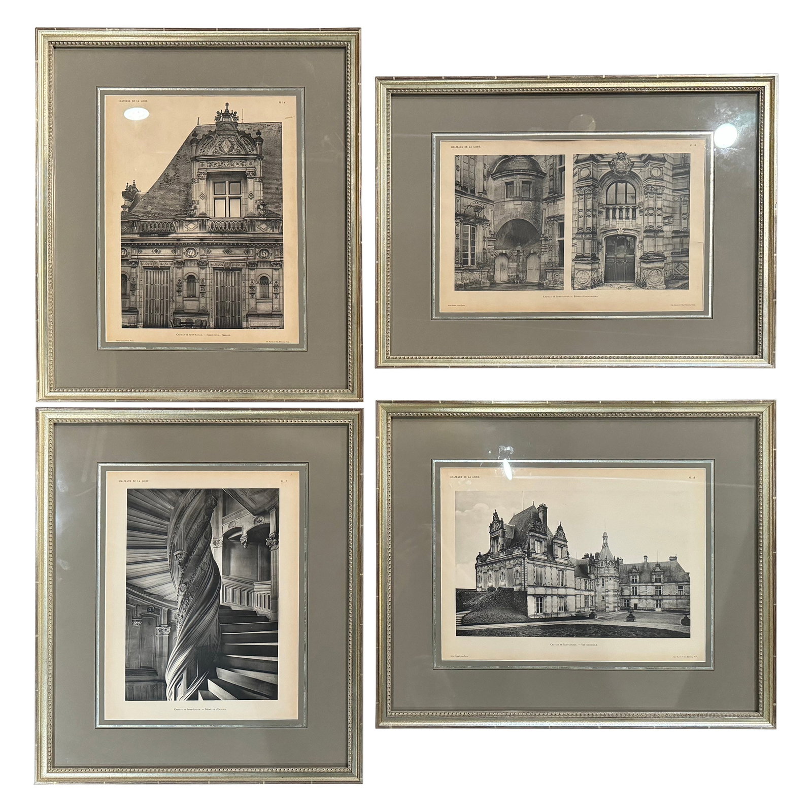 Set of 4 19th Century French Prints Chateau de Saint-Aignan in Gold Frames: Set of 4 19th Century French Prints Chateau de Saint-Aignan in Gold Frames Enhance your study or office with this exquisite set of four 19th-century French prints, each beautifully framed and showcasi