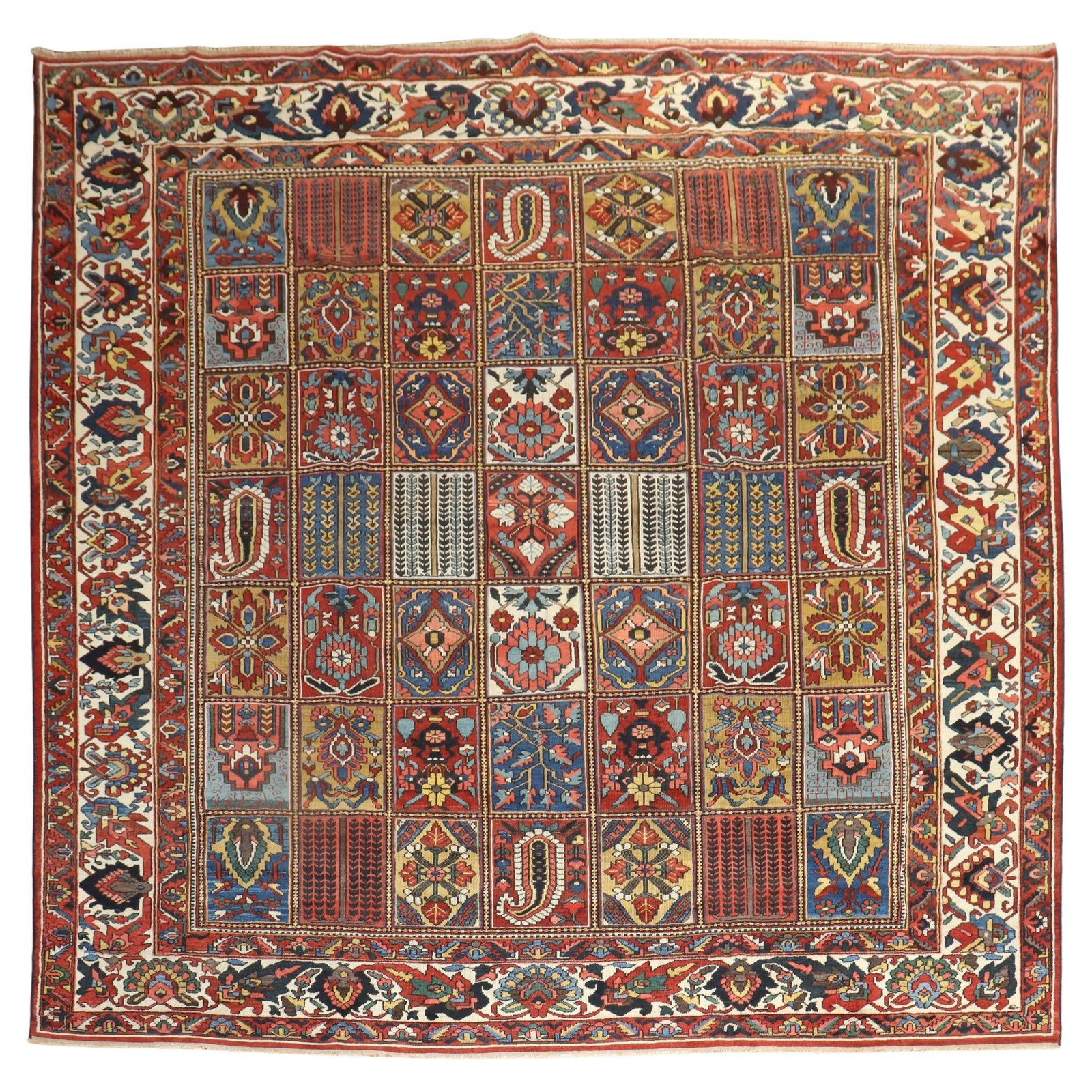 Persian Bakhtiari Serapi Hand-Knotted Garden Box Rug 10'7 x 10'10: Persian Bakhtiari Serapi Hand-Knotted Garden Box Rug 10'7 x 10'10 This exquisite Persian Bakhtiari garden box square room-size rug is a stunning representation of early 20th-century craftsmanship, spe