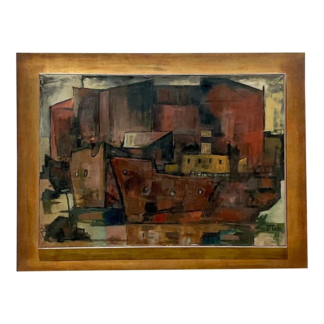 Signed Mid-Century Modern Cubist Urban Oil Painting on Canvas: Signed Mid-Century Modern Cubist Urban Oil Painting on Canvas This vintage mid-century modern abstract cubist painting showcases an urban cityscape rendered in rich, muted tones of reds, browns, and y