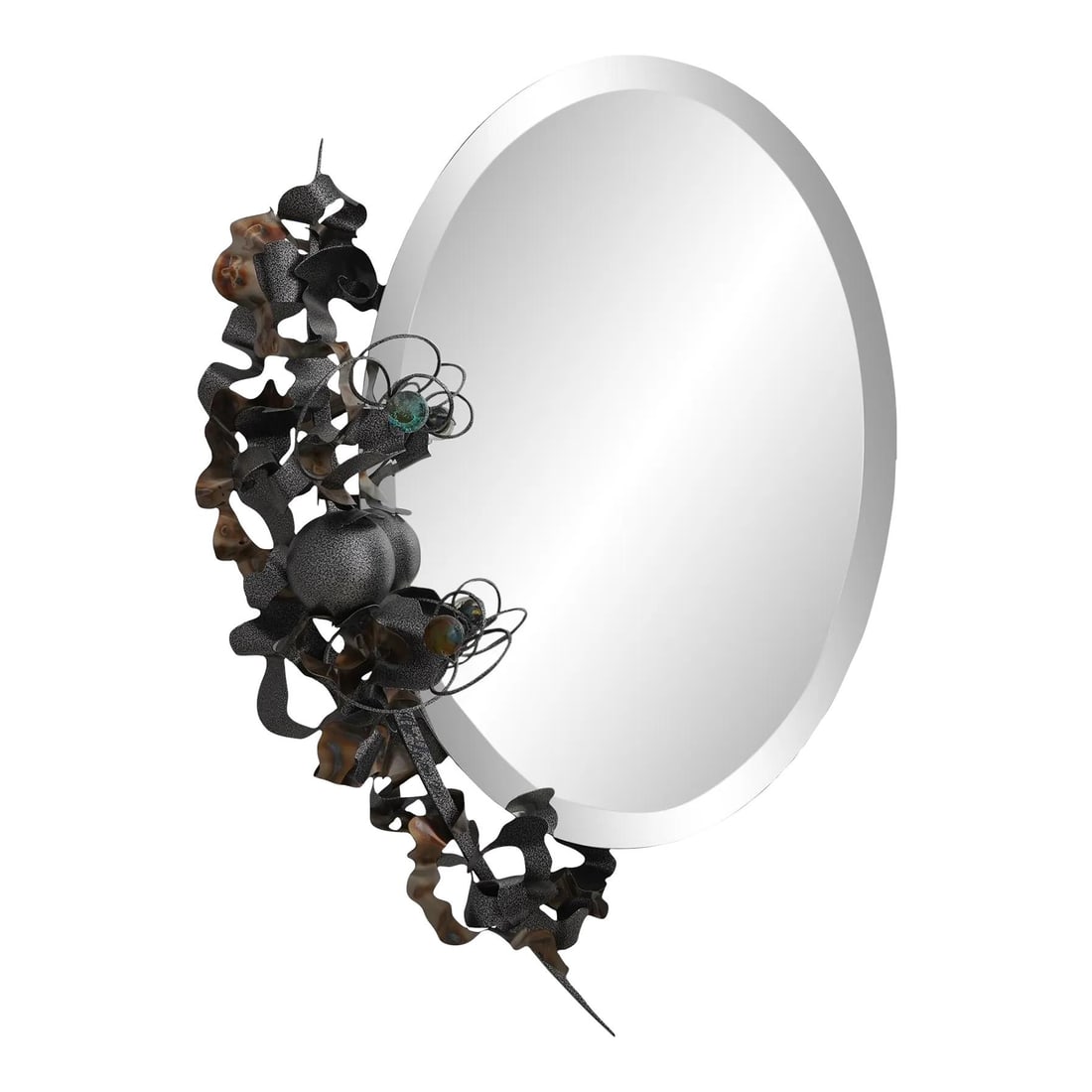 Mid Century Abstract Art Deco Oval Wall Mirror with Iron Details: Mid Century Abstract Art Deco Oval Wall Mirror with Iron Details This stunning Mid Century Style Abstract Art Deco Oval Wall Mirror features a high-quality beveled glass surface complemented by intric