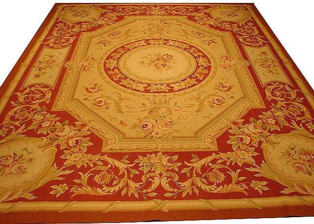 8' x 10' Handwoven Aubusson Floral Area Rug in Beige Gold Red Green: 8' x 10' Handwoven Aubusson Floral Area Rug in Beige Gold Red Green Free continental US Shipping Elevate your living space with the timeless elegance of this 8' x 10' Aubusson Flat Weave Rug. Handwove