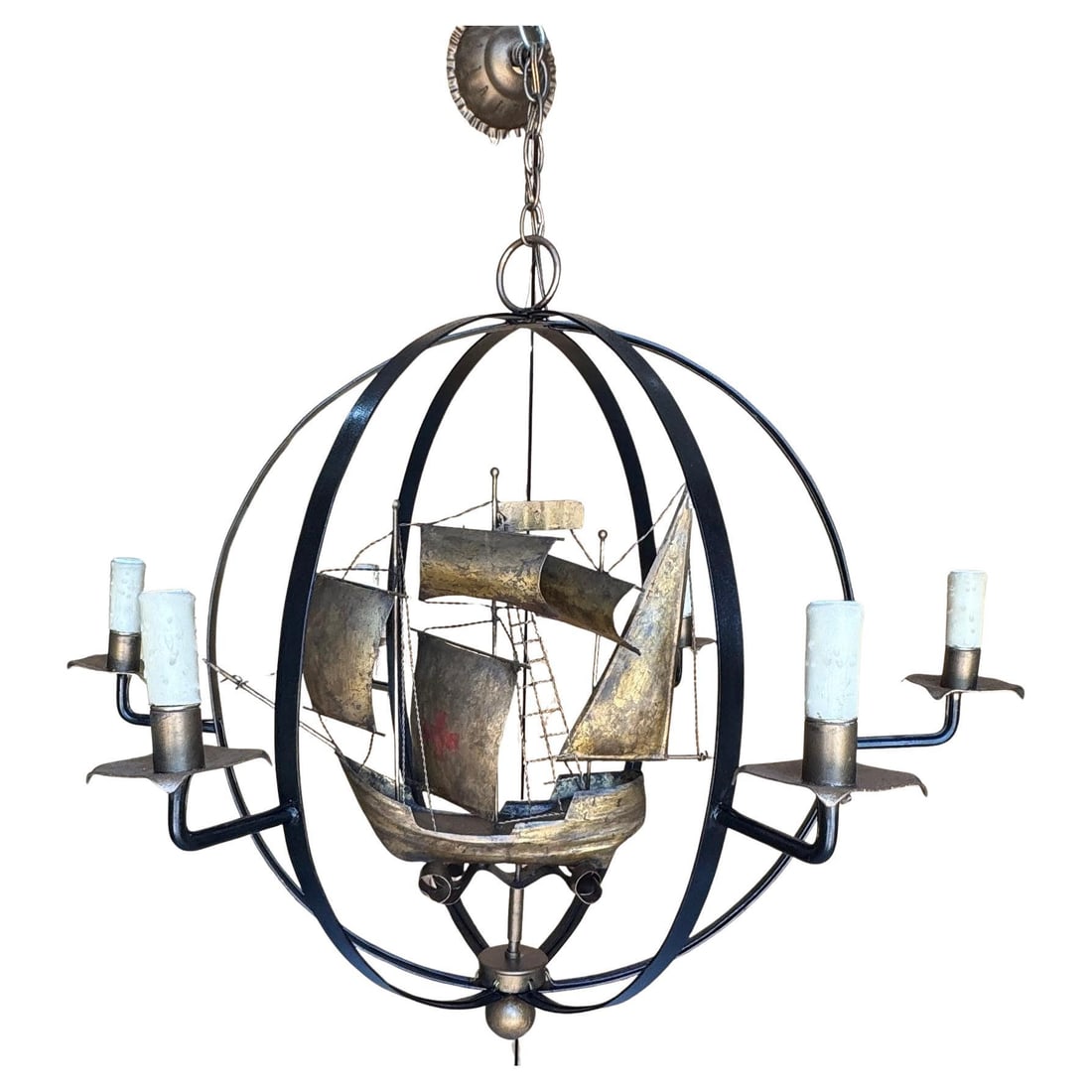 Nautical Galleon Ship 6-Light French Gilt Tole Chandelier Orb Design: Nautical Galleon Ship 6-Light French Gilt Tole Chandelier Orb Design This French mid-century chandelier features a dramatic six-light orb design crafted from hand-forged and painted tole metal. At its