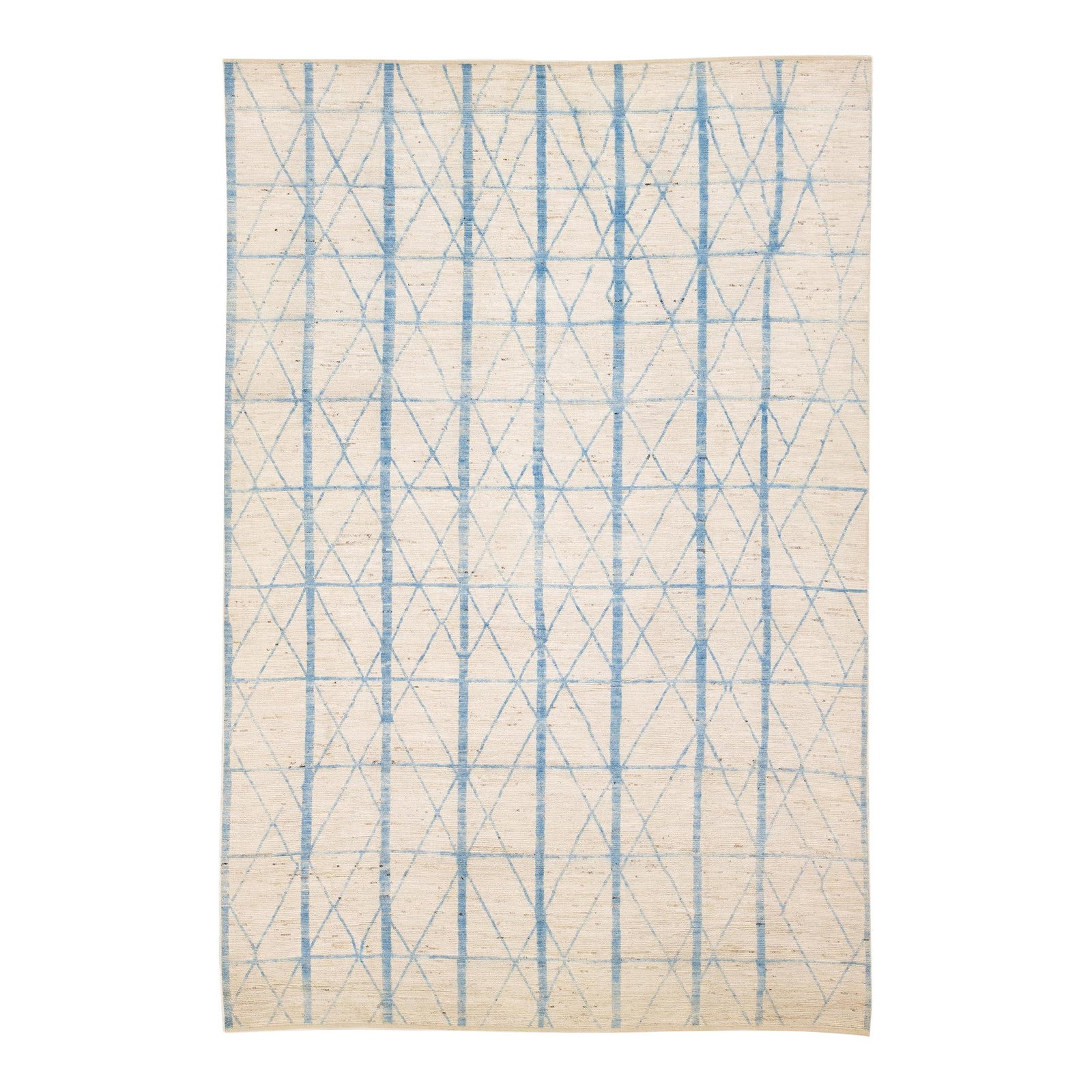 Oversize Beige and Blue Handmade Wool Geometric Rug 12'1 x 18': Oversize Beige and Blue Handmade Wool Geometric Rug 12'1 x 18' Enhance your space with this stunning oversized Moroccan style handmade wool rug. Featuring a soft beige field beautifully accented by vi