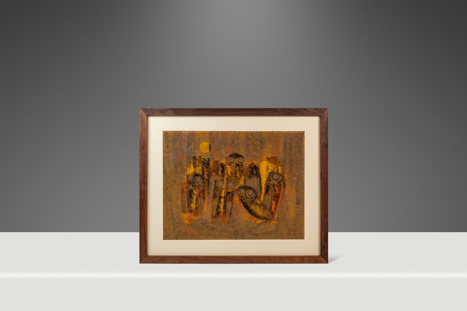 Rare 1960s Sukhya Earth Toned Owl Painting in Walnut Frame: Rare 1960s Sukhya Earth Toned Owl Painting in Walnut Frame This rare mid-century modern painting captures a captivating parliament of owls, beautifully rendered in warm earthy tones of orange, gold, a