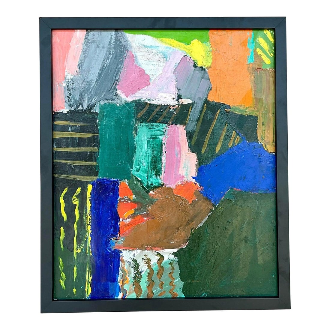 Original Abstract Oil Painting on Canvas with Boho Style Framing: Original Abstract Oil Painting on Canvas with Boho Style Framing This vintage boho abstract oil on canvas features a vibrant palette of rich blues, greens, soft pinks, and oranges, creating a dynamic 