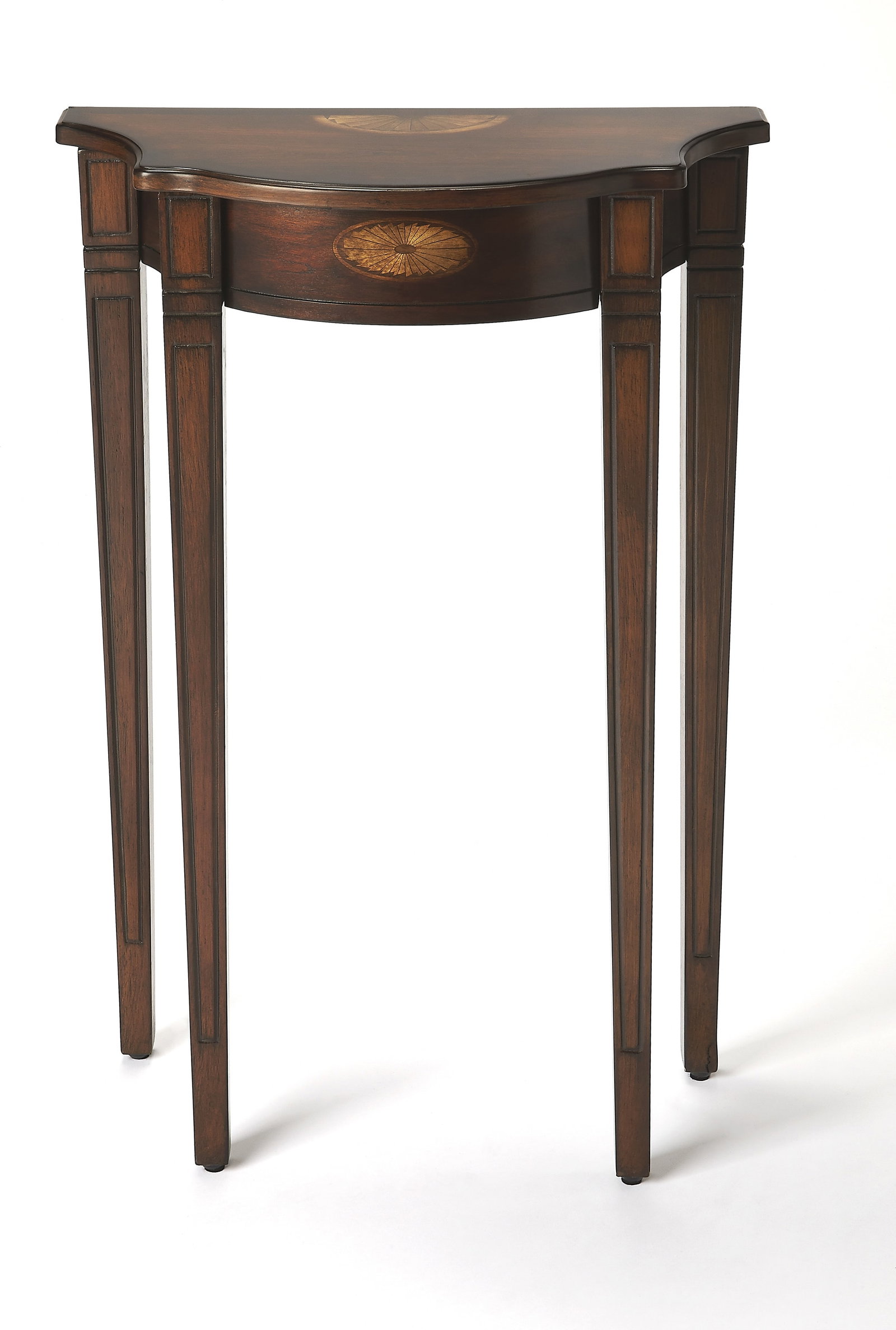 Butler Pembroke-Style Console Table in Dark Brown Cherry: Butler Pembroke-Style Console Table in Dark Brown Cherry This elegant Pembroke-Style Console offers a sophisticated addition to your home decor. Crafted from a combination of MDF, resin, rubberwood, s