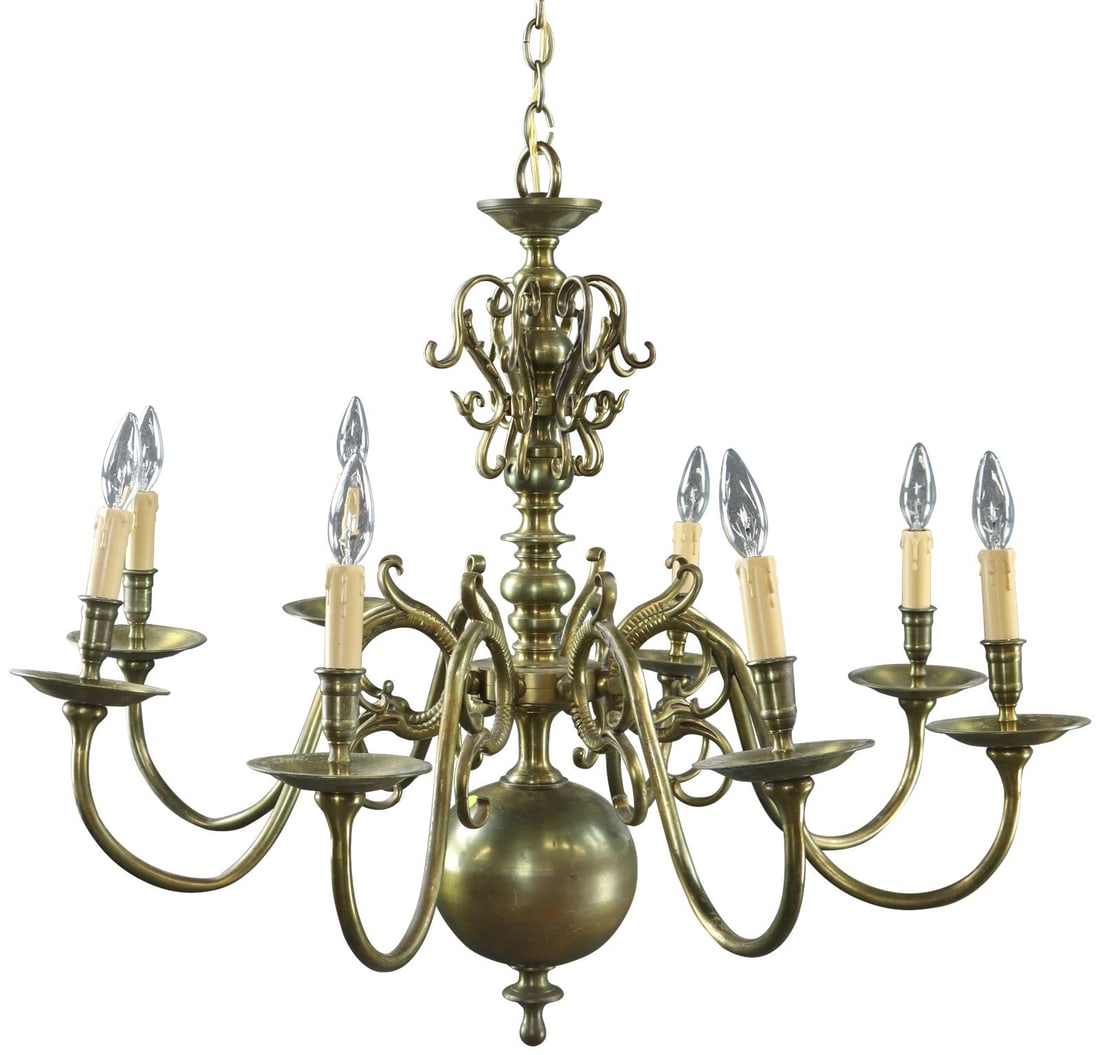 Antique 1900s Flemish 8-Arm Brass Bowl Chandelier: Antique 1900s Flemish 8-Arm Brass Bowl Chandelier Illuminate your space with this exquisite 1900s Flemish Brass Chandelier, a stunning example of vintage lighting design. This 8-arm bowl chandelier fe