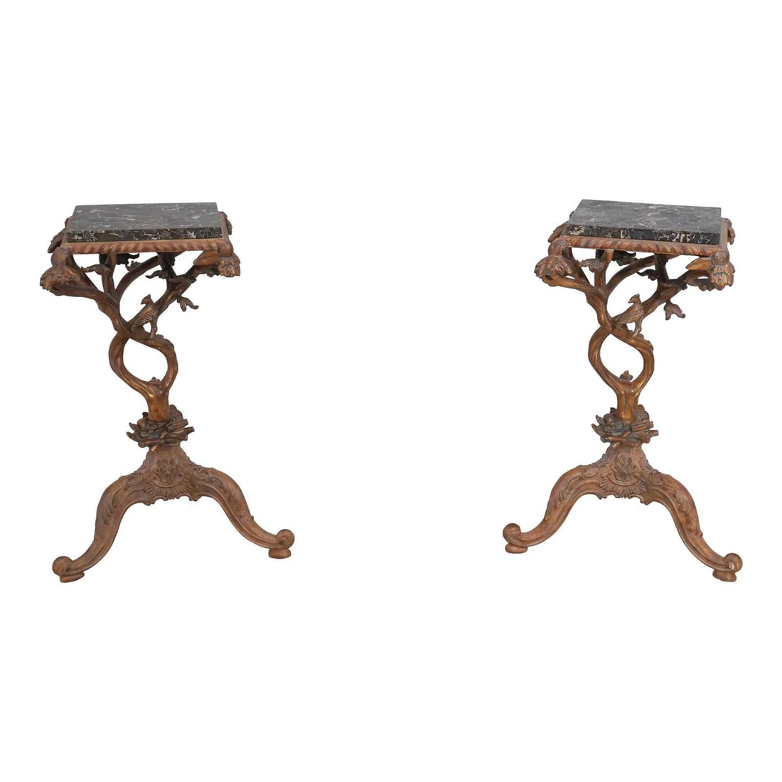 Maitland Smith Italian Grotto Style Marble Top Pedestal Tables Pair: Maitland Smith Italian Grotto Style Marble Top Pedestal Tables Pair This exquisite pair of pedestal tables features a stunning marble top complemented by intricately carved faux branch and bird design