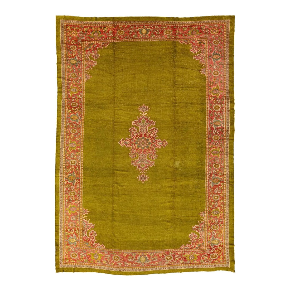 Antique Persian Mahal Wool Rug 12'2 x 17'6 Green with Center Motif: Antique Persian Mahal Wool Rug 12'2 x 17'6 Green with Center Motif Enhance your living space with this stunning Antique Persian Mahal Wool Rug. Hand-knotted from luxurious, soft wool, this exquisite r