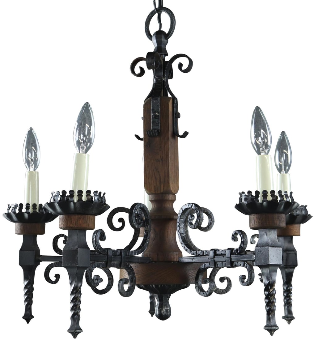 Vintage 1950 French Gothic Chandelier 5-Light Auburn Ebony Finish: Vintage 1950 French Gothic Chandelier 5-Light Auburn Ebony Finish Illuminate your space with this exquisite French Gothic Style Chandelier, featuring a stunning auburn ebony finish that showcases the 