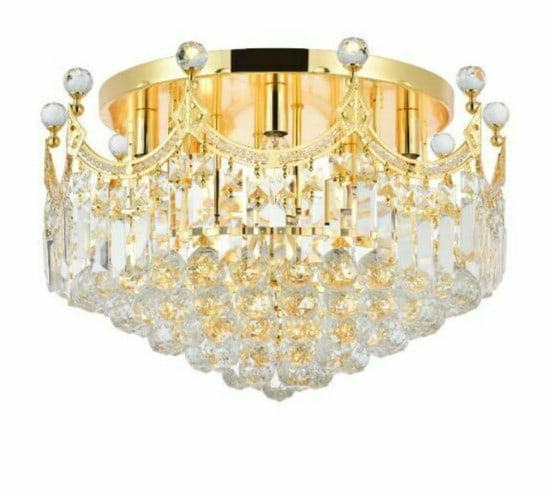 Corona 9-Light Gold Crystal Flush Mount Chandelier 20 Inch Round Ceiling Fixture: Corona 9-Light Gold Crystal Flush Mount Chandelier 20 Inch Round Ceiling Fixture This modern empire-style flush mount chandelier features a luxurious gold finish and is designed with nine lights to pr