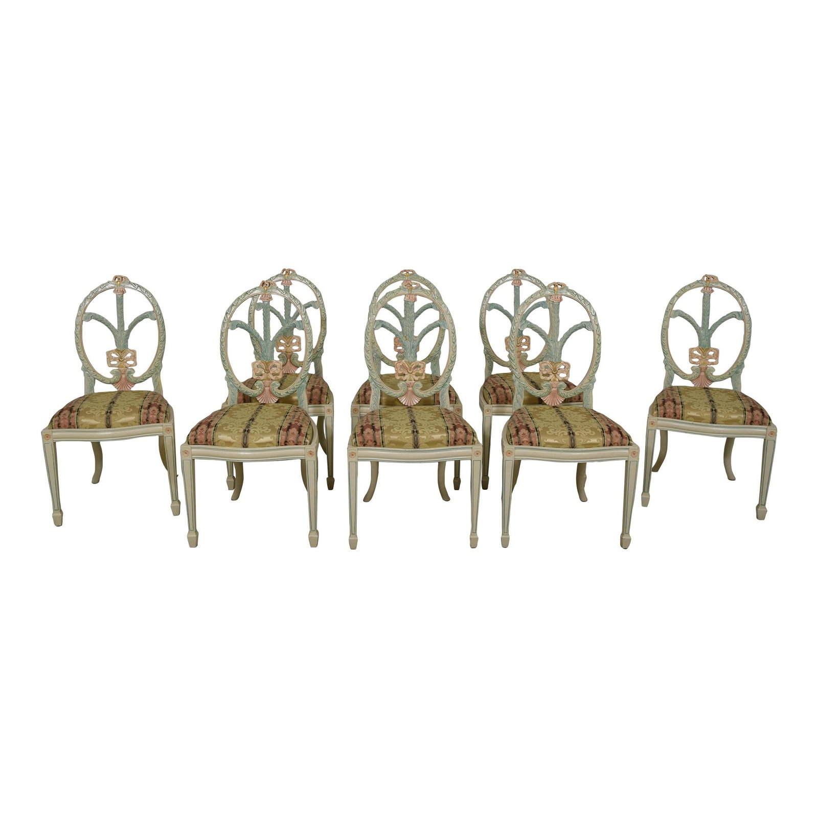 Set of 8 Italian Polychrome Dining Chairs with Carved Backs: Set of 8 Italian Polychrome Dining Chairs with Carved Backs This exquisite set of 8 dining room chairs showcases a stunning Italian design, featuring intricately carved plume backs and a vibrant polyc