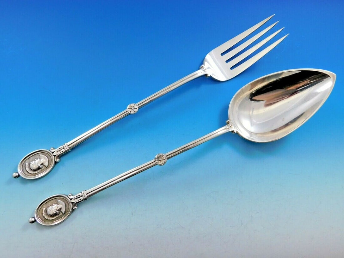 Wendt Medallion Sterling Silver 2-Piece Salad Serving Set 12 Inch: Wendt Medallion Sterling Silver 2-Piece Salad Serving Set 12 Inch This impressive 2-piece salad serving set in the Medallion pattern by Wendt showcases exquisite craftsmanship from the late 19th centu