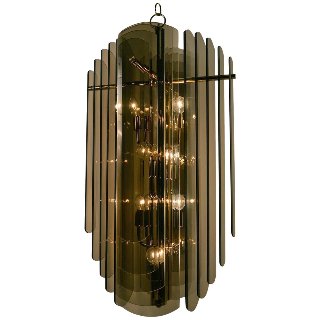 Lightolier Smoked Glass Brass Chandelier 39 Inch Elegant Design: Lightolier Smoked Glass Brass Chandelier 39 Inch Elegant Design This stunning chandelier features a unique design with four sides projecting from a central post, each adorned with five graduated, oval