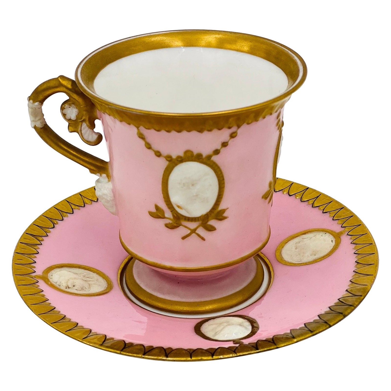 19th Century Rare Old Paris Teacup & Saucer with Ram Head: 19th Century Rare Old Paris Teacup & Saucer with Ram Head This exquisite teacup and saucer set showcases a Rare Old Paris Empire Style design from the 19th century, circa 1880. Crafted from high-quali