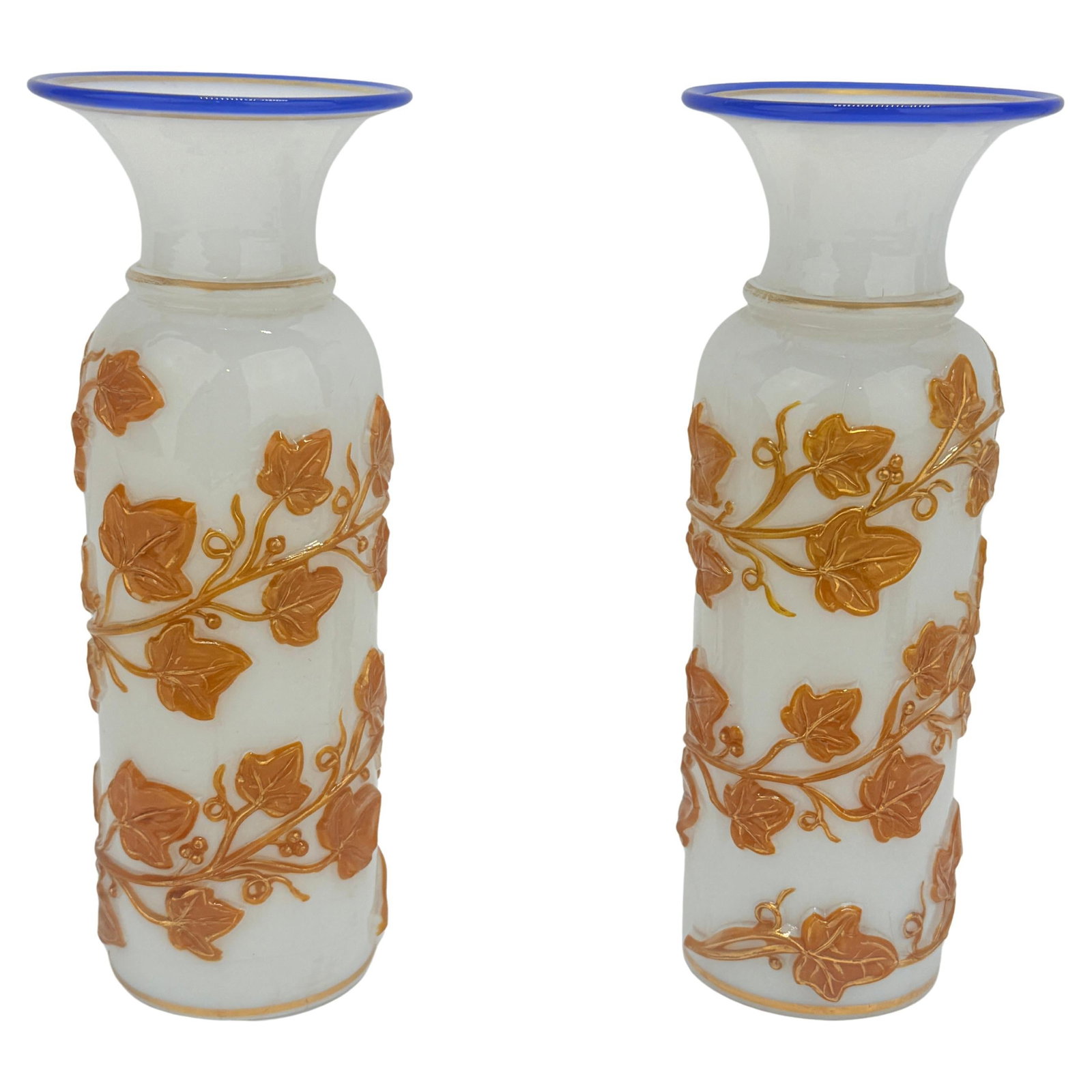 Set of 2 French Opaline Glass Vases with Cobalt Rims Attr. Baccarat 1860-80: Set of 2 French Opaline Glass Vases with Cobalt Rims Attr. Baccarat 1860-80 This exquisite pair of French Opaline Ivy-Trail vases, attributed to Baccarat, epitomizes the Neoclassical style of the mid-