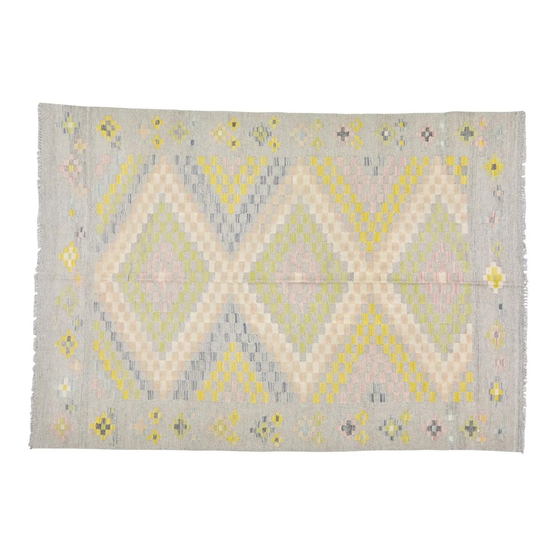Handcrafted Wool Flatweave Rug in Maimana Style 5'3 x 7'6: Handcrafted Wool Flatweave Rug in Maimana Style 5'3 x 7'6 This Afghan Maimana flatweave rug is hand-knotted from wool using traditional techniques, offering a blend of enduring craftsmanship and moder