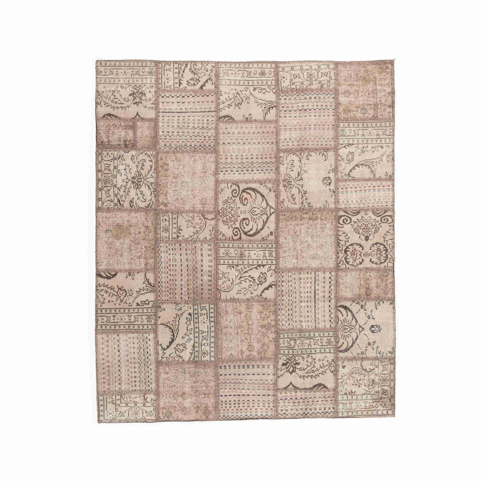Authentic Handmade Patchwork Wool Carpet 98.8 x 118.9 Inches: Authentic Handmade Patchwork Wool Carpet 98.8 x 118.9 Inches This authentic handmade patchwork carpet features a unique design crafted from high-quality wool on wool. The intricate weaving utilizes do