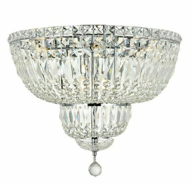 Tranquil 20" Chrome Royal Cut Crystal Flush Mount Ceiling Light 10-Light Fixture: Tranquil 20" Chrome Royal Cut Crystal Flush Mount Ceiling Light 10-Light Fixture This modern flush mount chandelier features a chrome-plated finish and is designed with high-quality royal cut clear cr