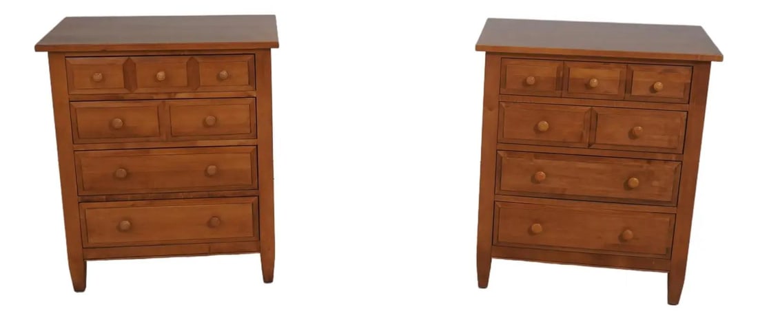 Set of Two Country Colors Maple Nightstands With Four Drawers: Set of Two Country Colors Maple Nightstands With Four Drawers This pair of Ethan Allen Country Colors nightstands features a classic design crafted from solid maple. Each nightstand offers four doveta