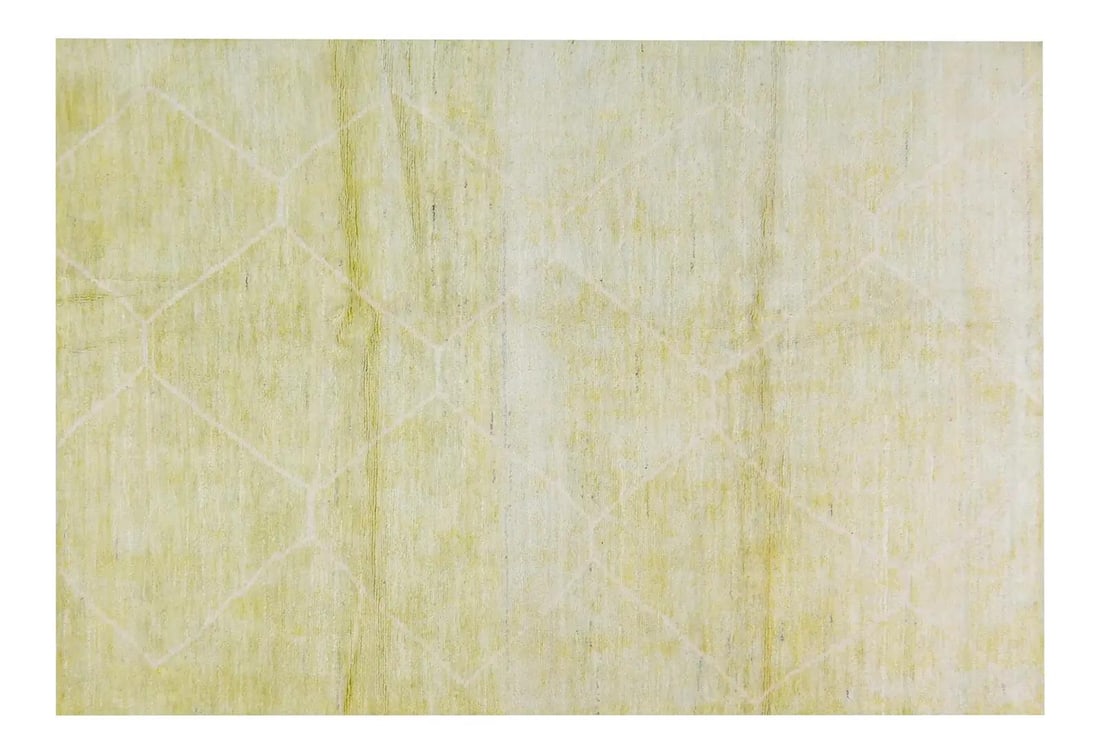 5'7 x 8'1 Beni Ourain Wool Rug in Yellow Moroccan Hand Knotted: 5'7 x 8'1 Beni Ourain Wool Rug in Yellow Moroccan Hand Knotted This Moroccan Beni Ourain rug is hand knotted using organic wool, featuring natural colors and a contemporary style. Its soft texture and