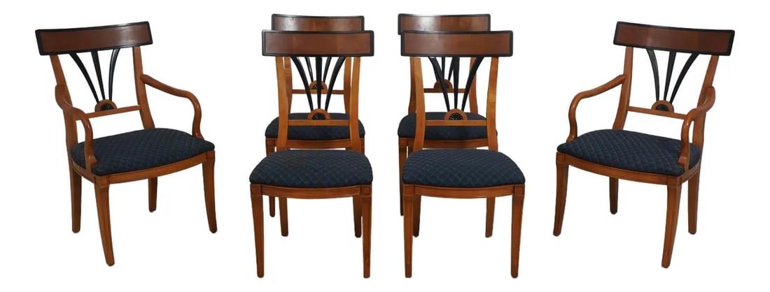 Set of 6 Neoclassical Satinwood Dining Chairs with Ebonized Highlights: Set of 6 Neoclassical Satinwood Dining Chairs with Ebonized Highlights This elegant set of six Neoclassical style dining room chairs features a quality construction with a satinwood finish accented by