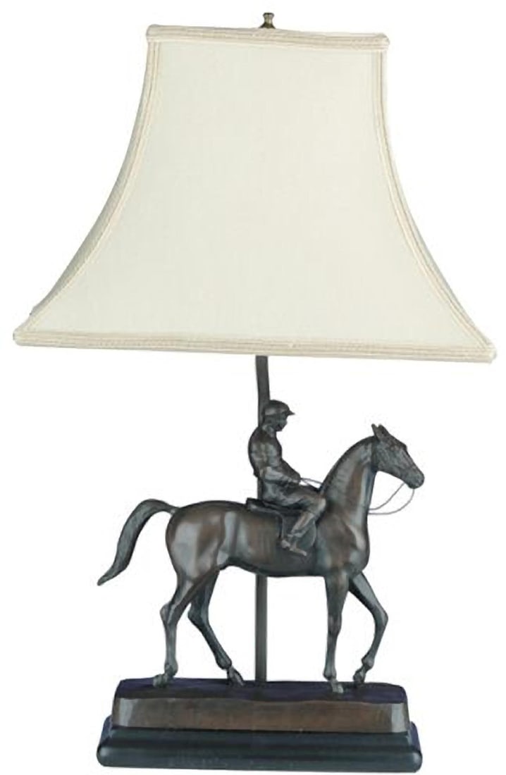 Lodge Style Equestrian Lamp with Linen Shade: Lodge Style Equestrian Lamp with Linen Shade This item is made at time of order. Please allow 42 to 70 days for production. Illuminate your space with this exquisite Hand-Cast Resin Equestrian Lamp, f