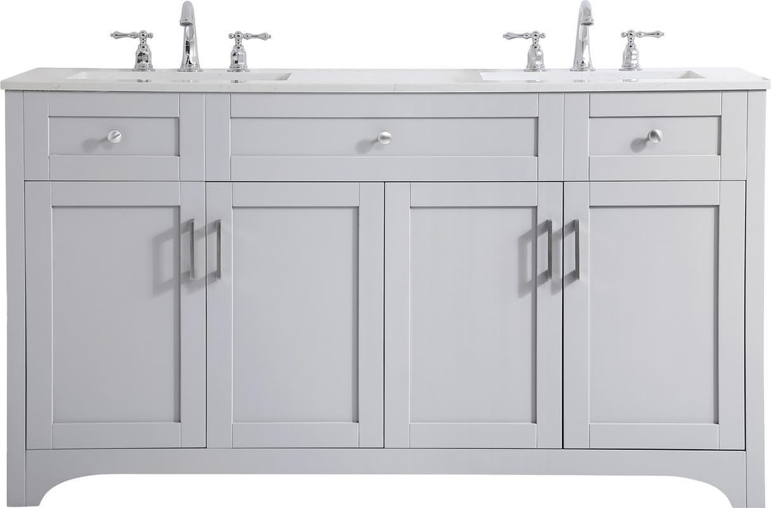Elegant Gray 60 Inch Bathroom Vanity with Brushed Nickel Finish: Elegant Gray 60 Inch Bathroom Vanity with Brushed Nickel Finish Introducing the Elegant Gray 60" Bathroom Vanity, a perfect blend of style and functionality. This transitional-style vanity features a 