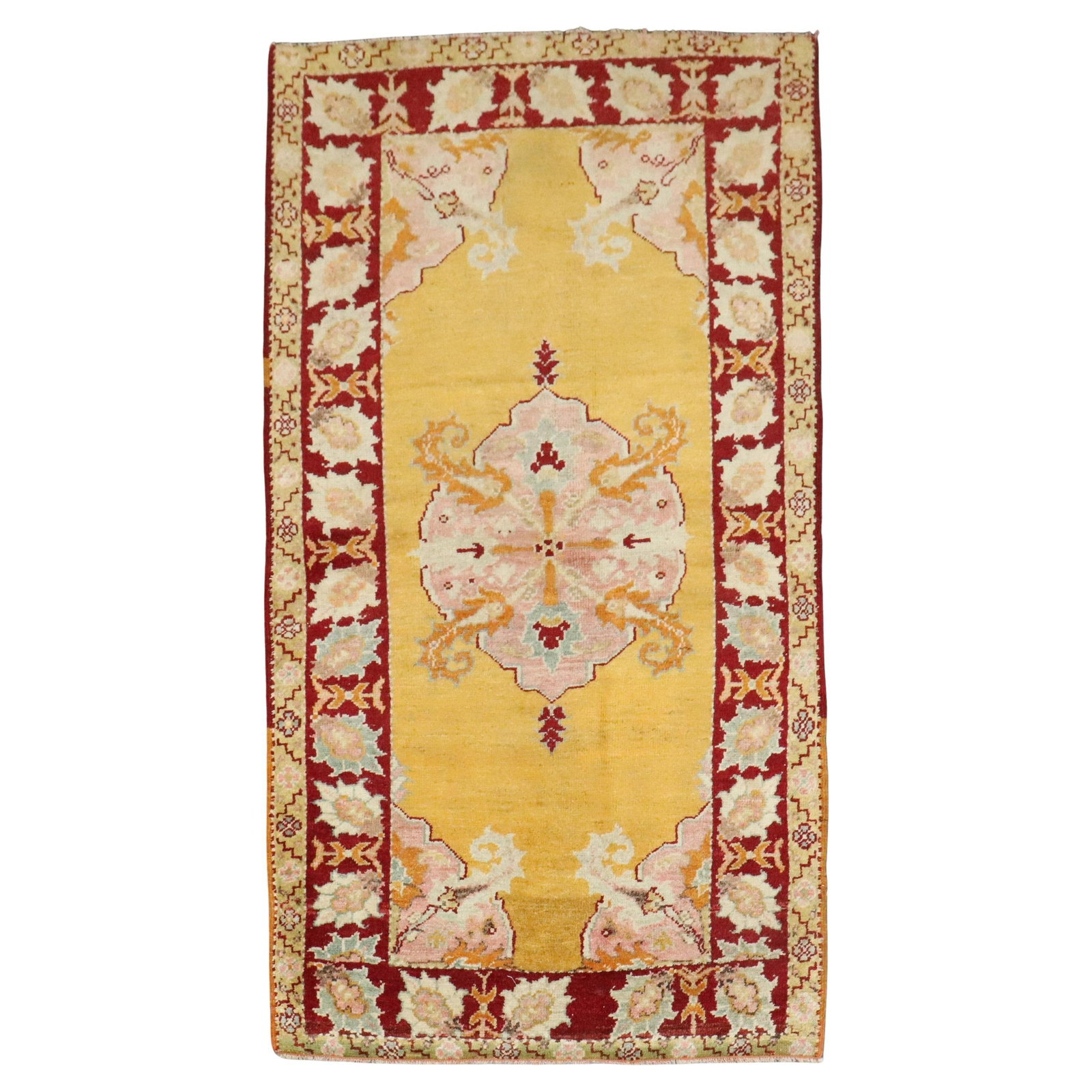 Early 20th Century Turkish Wool Scatter Rug Baroque Revival 2'11 x 5'1: Early 20th Century Turkish Wool Scatter Rug Baroque Revival 2'11 x 5'1 This antique Turkish scatter throw rug features a bright saffron color and showcases a Baroque Revival style. Hand-woven from woo