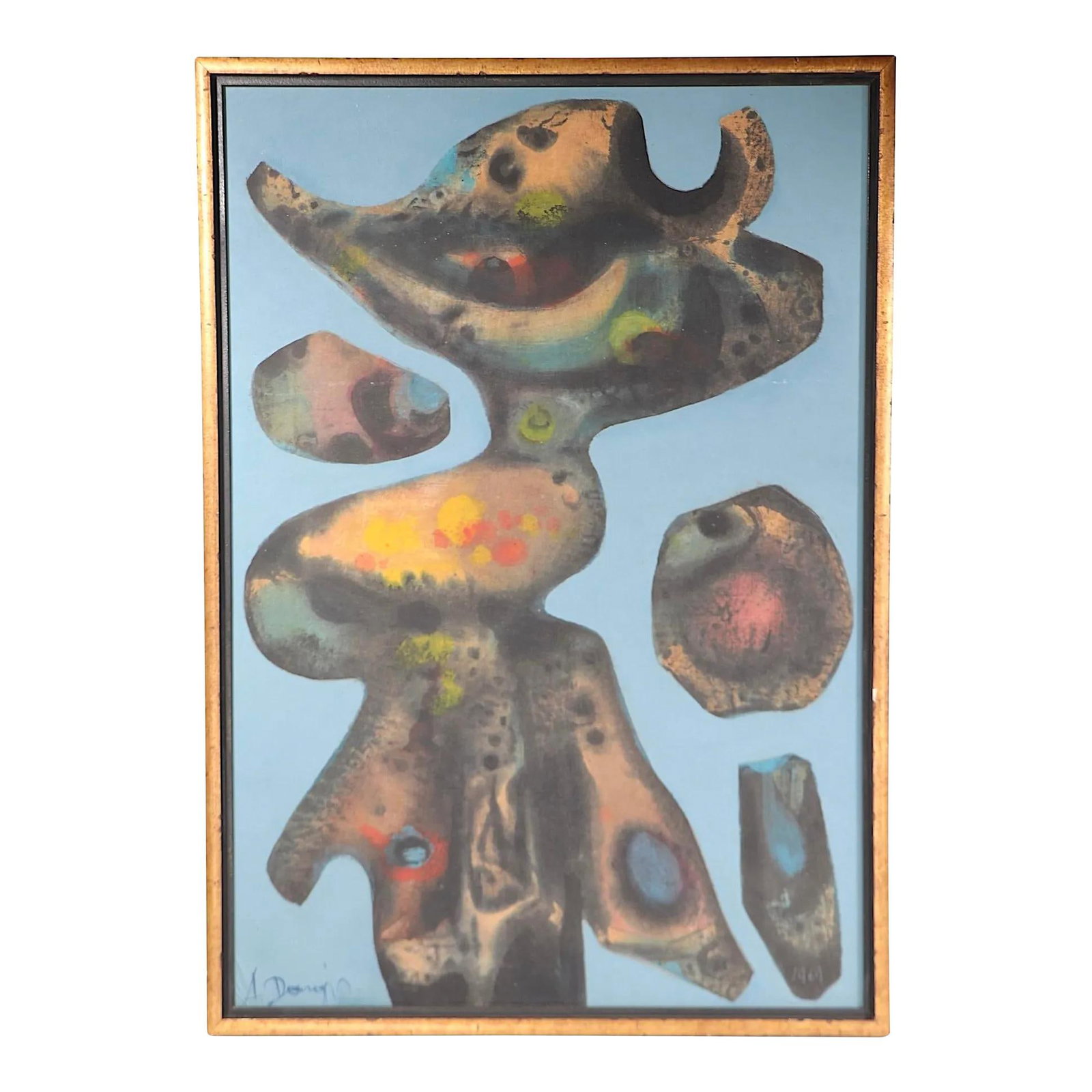 Alfonsas Dargis 1969 Abstract Oil Painting in Gilt Frame: Alfonsas Dargis 1969 Abstract Oil Painting in Gilt Frame This exceptional abstract oil painting on board, signed and dated by the renowned artist Alfonsas Dargis in 1969, showcases poly chrome organic