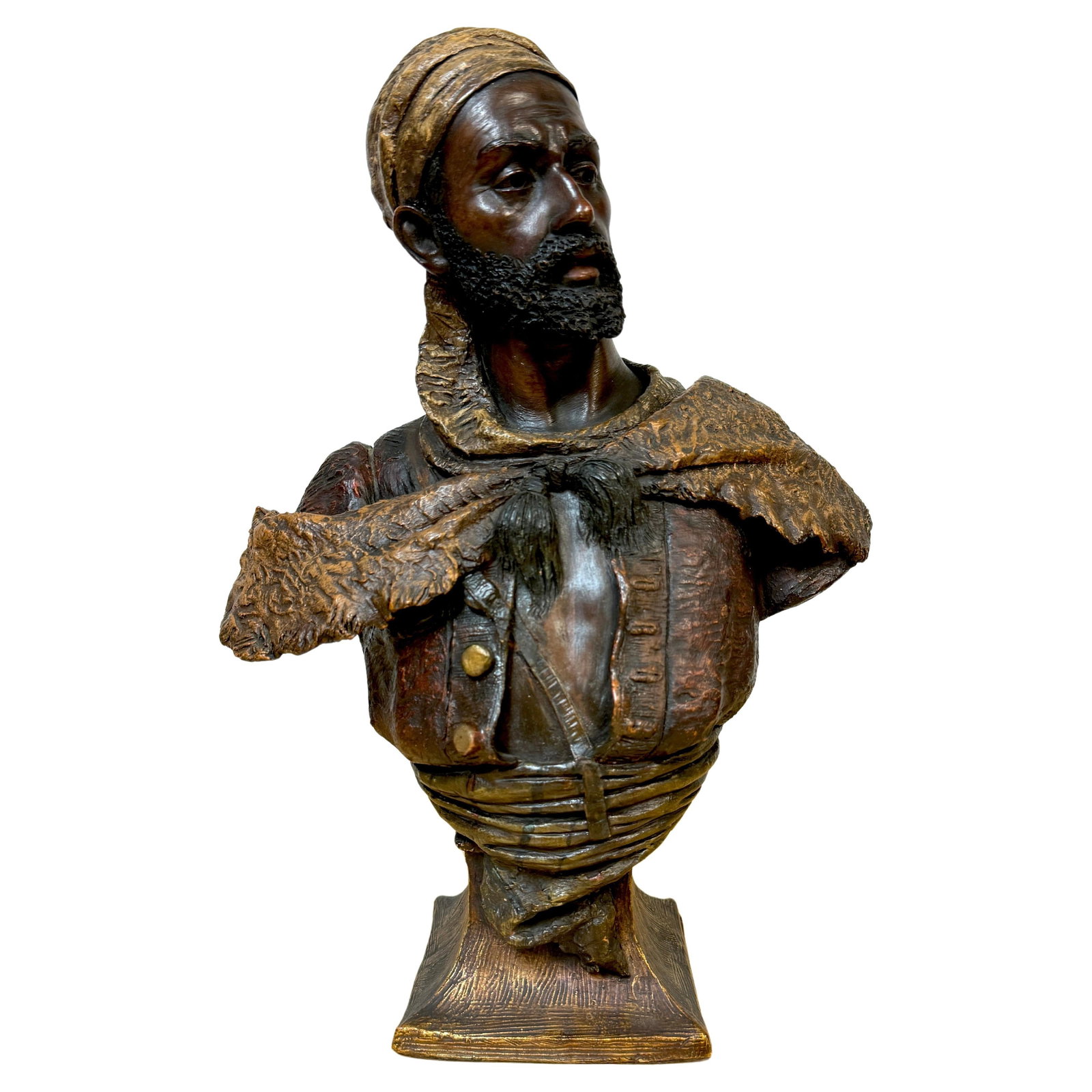 Terracotta Portrait Bust North African 'DE CAID' by Friedrich Goldscheider: Terracotta Portrait Bust North African 'DE CAID' by Friedrich Goldscheider This portrait bust titled "DE CAID" depicts a bearded North African tribesman and was created by Friedrich Siegfried