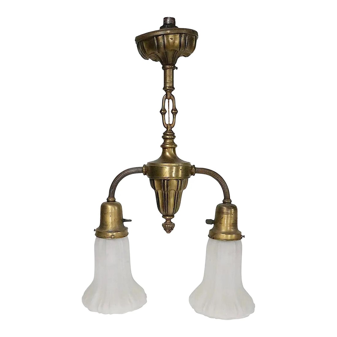 Antique Brass Two Light Pendant with Glass Shades Circa 1900s: Antique Brass Two Light Pendant with Glass Shades Circa 1900s This antique two-arm pendant light fixture dates from the early electric era, circa 1900 to 1920s. It features a brass frame with two glas